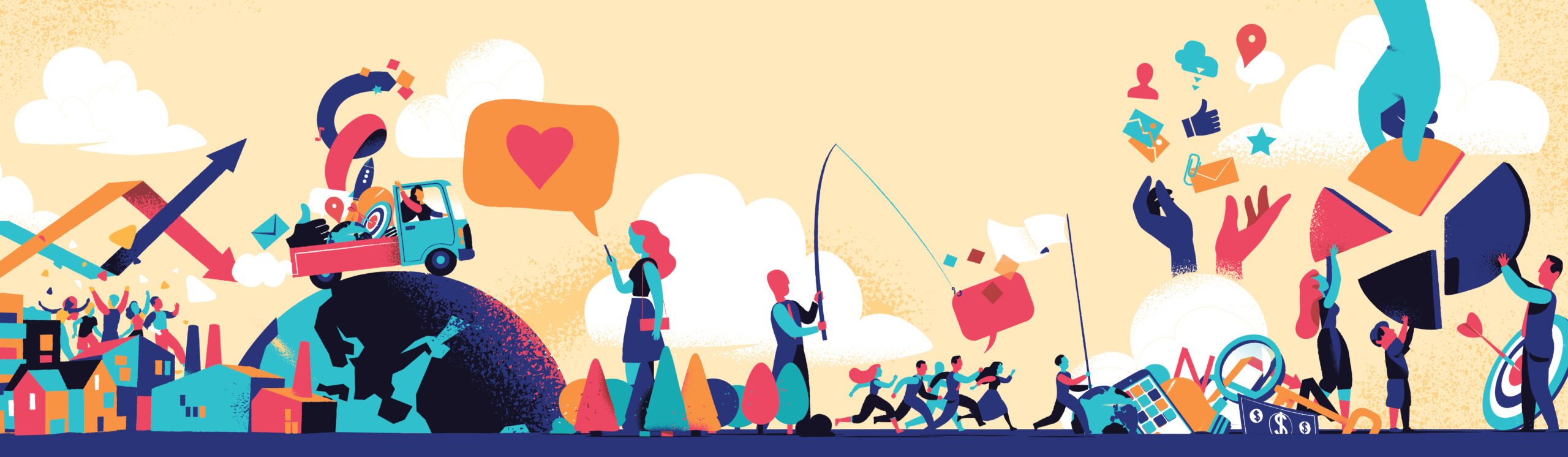 Illustration of a community of people using social media to interact